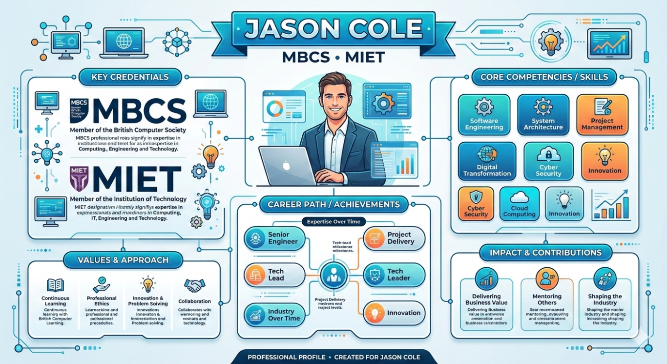 Jason Cole-MBCS-MIET inforgraphic design AI created